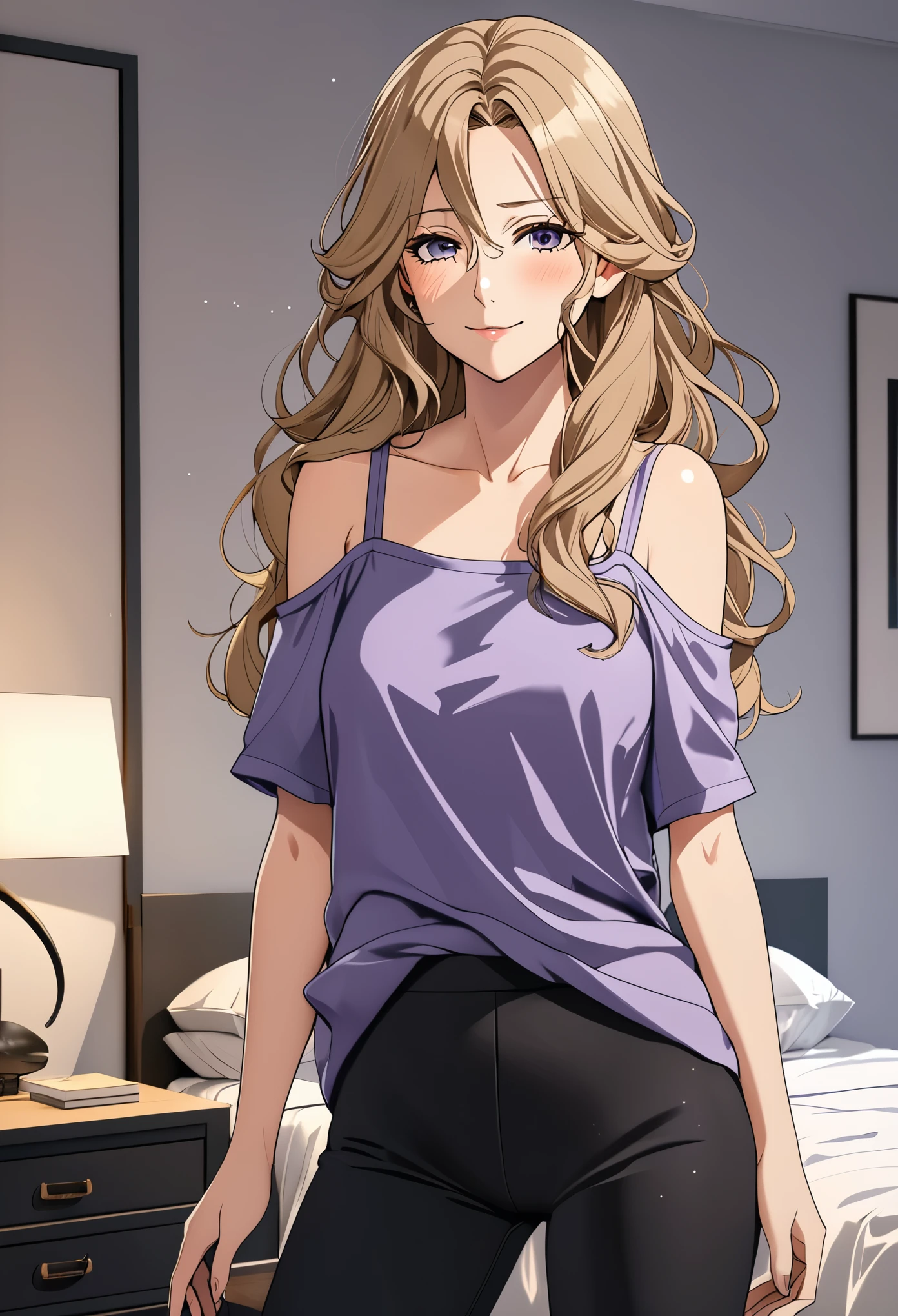 (masterpiece), (high resolution, 8k), (high detailed), woman mature, tall, (wavy long hair (dark blonde)), beautiful face, (close mouth:1.2), tired smile, small breast flat, wearing dark amethyst colored crystal themed cold shoulder asymmetric draped top, black leggings pants with skirts layers, standing on bedroom, anime style, unaestheticXL_bp5, SimplePositiveXLv2