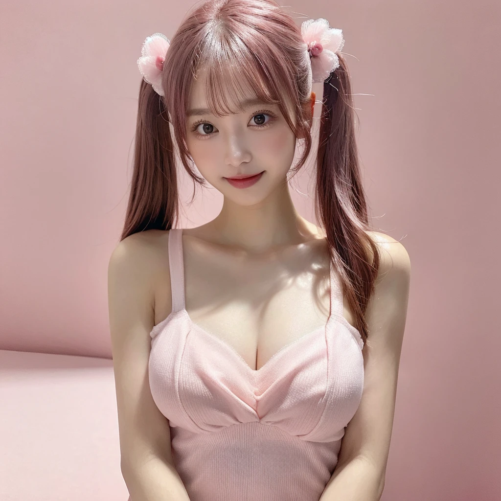 Shot with a top-of-the-line camera. highest quality, illustration, ultra-detailed, intricately detailed, high resolution, 8k, very large breasts, A youthful look of about . Slim and well-proportioned, pink hair in twin tails, fair skin. She is wearing a Japanese idol costume, She is in a magazine photoshoot studio. A light pink background. cleavage between breasts, artist photo, Straight, beautiful teeth and white teeth.
