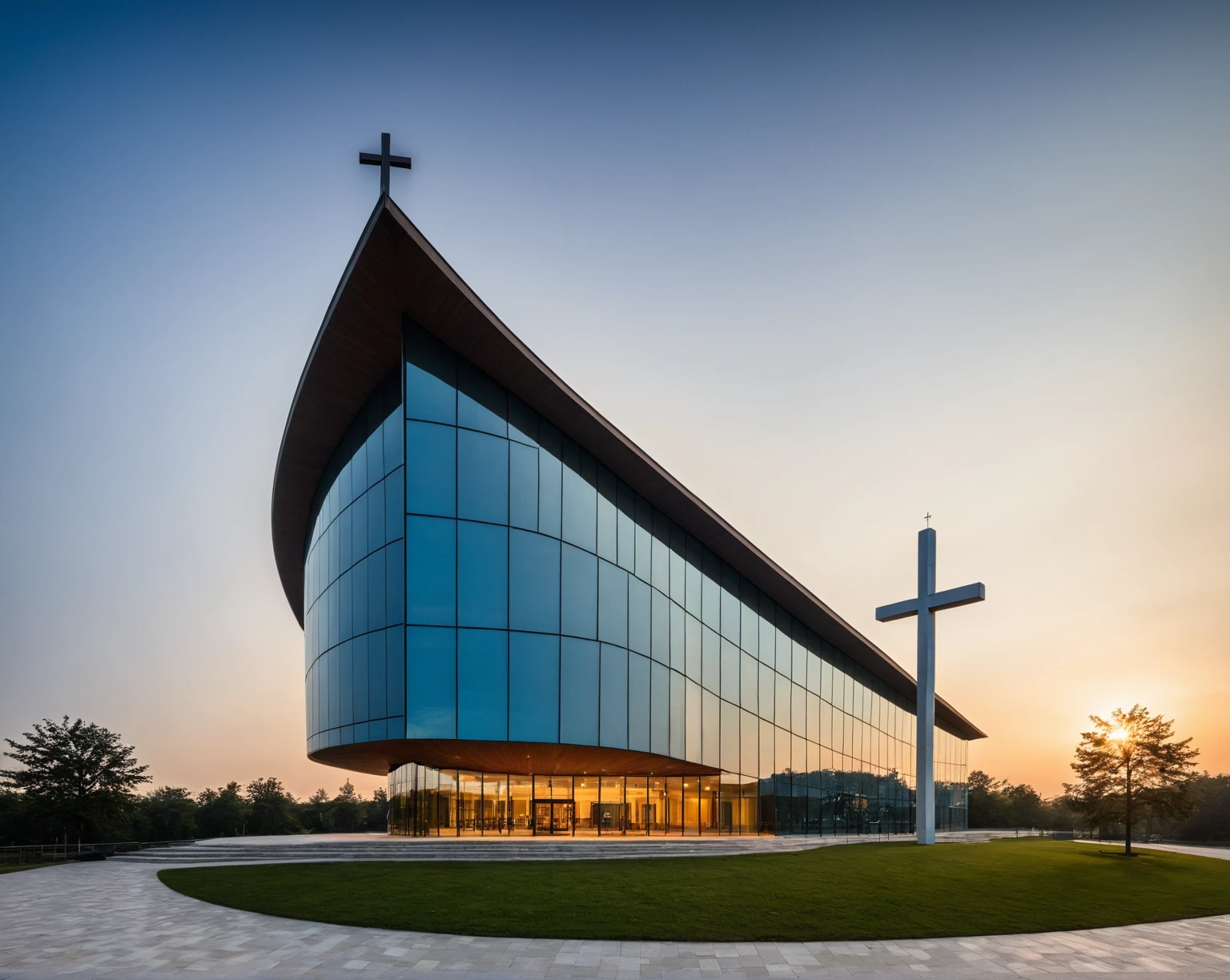 tcs, httlvn, modern church, building, cross, scenery, curved shape building, dusk, sunshine,