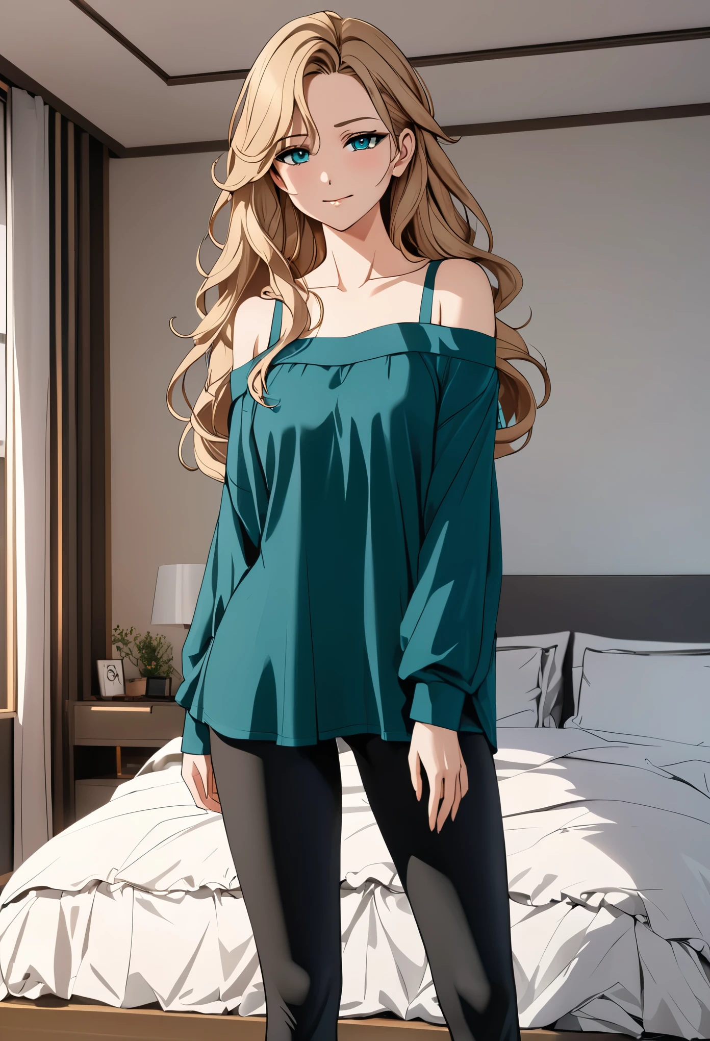 (masterpiece), (high resolution, 8k), (high detailed), woman mature, tall, (wavy long hair (dark blonde)), beautiful face, (close mouth:1.2), tired smile, small breast flat, wearing dark teal colored crystal themed cold shoulder casual shirt and black leggings pants with skirts overlay, standing on bedroom, anime style, unaestheticXL_bp5, SimplePositiveXLv2
