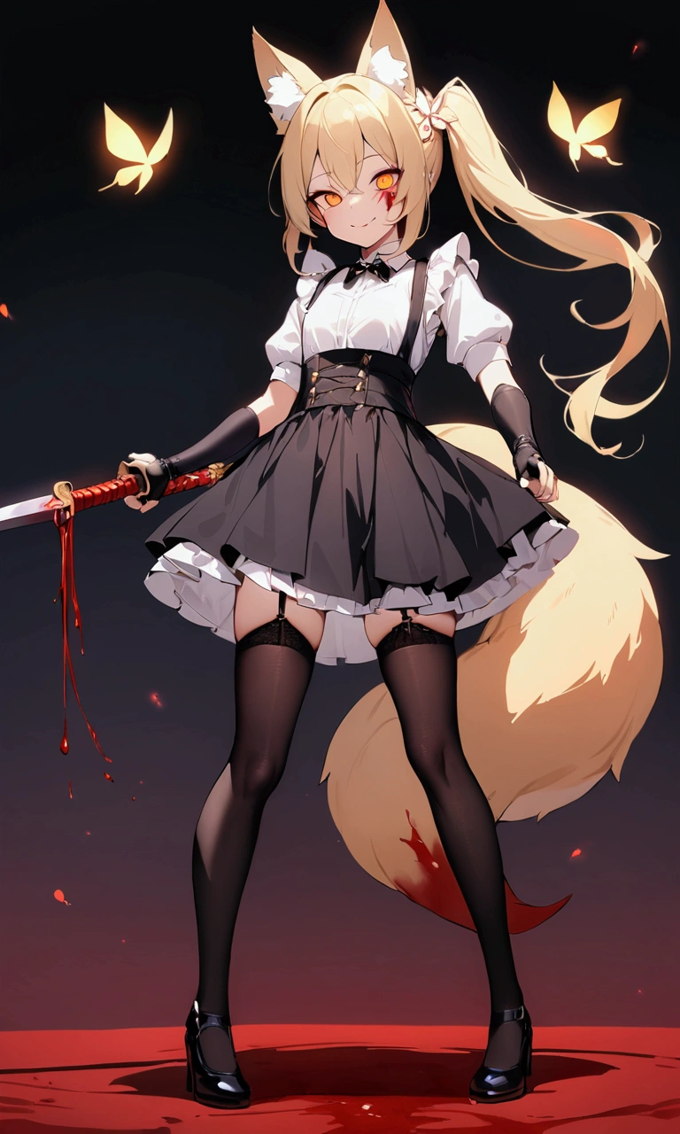 (masterpiece, best quality) junior,1girl,detailed, (beautiful,small breasts), blonde,long hair, side ponytail(tied to the left),Hairpin decoration with gold butterfly, elegant, (fox ears),nine tailed fox tail, red eyeshadow, golden eyes, femur，dark night sky,girl,yandere eyes,bloody face,피묻은 Maid복,Maid,white shirt,Black Skirt,Black stockings,Garter belt stockings,Bloody(blood on fullbody),bloody dagger,ninja rope,holding weapon,holding the hilt of a sword,evil smile