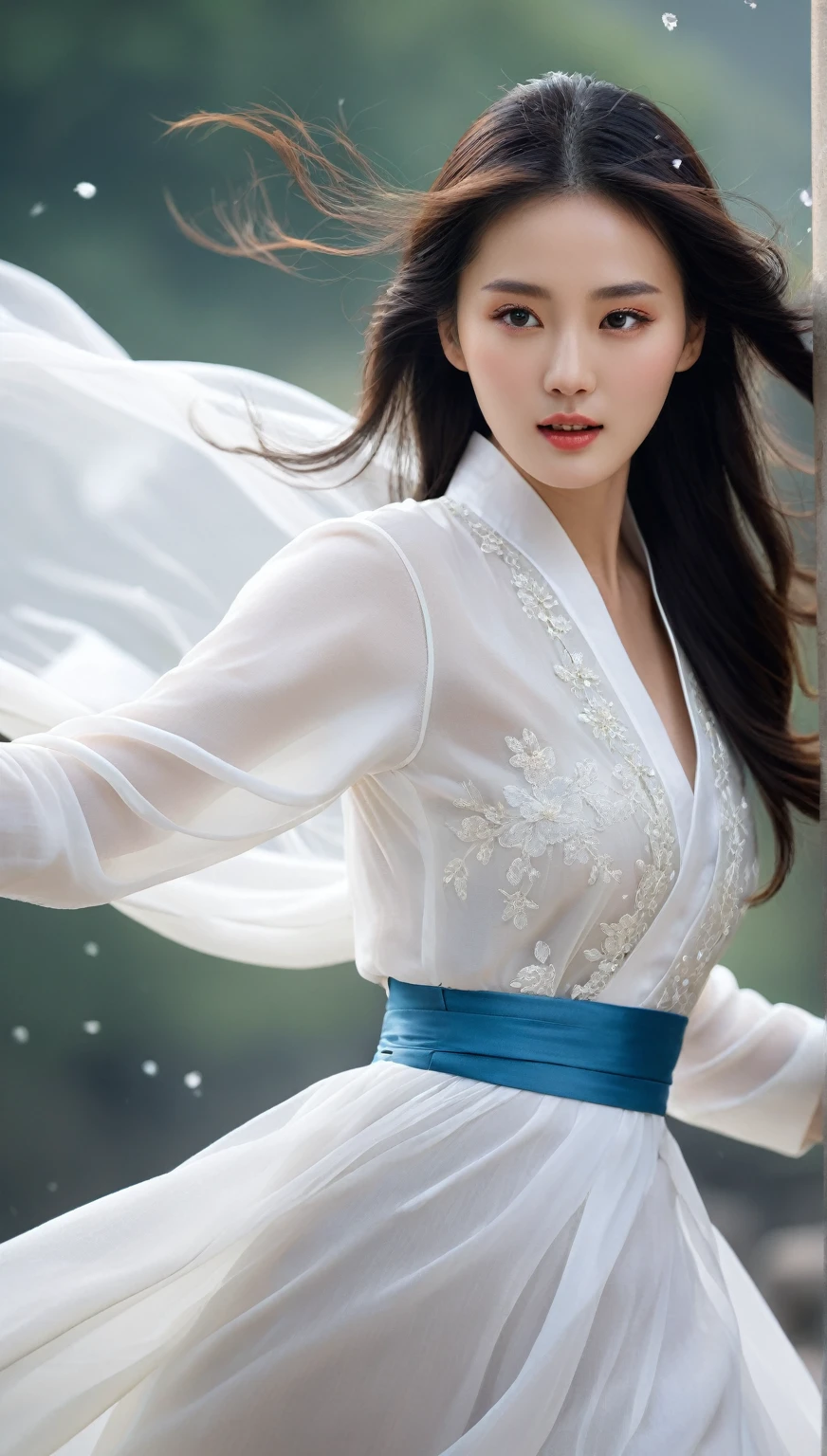 beautiful Korean woman, (((Mikamaria))), (motion blur:1.3), abnormally stunning beautiful face, black and white close-up,woman in intricate pure white hanbok dress, spinning frantically, translucent stinging air particles on the hem of the dress ,Flying in the air like a Chinese movie ,spinning frantically, translucent tingling air particles on dress hem,in ancient china, professional fashion photography,UHD, 4k, 8k