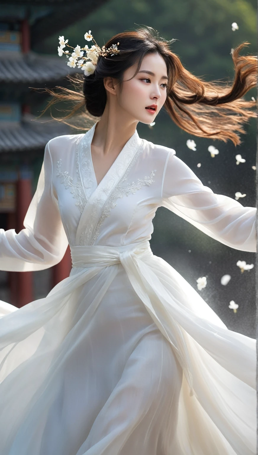 beautiful Korean woman, (((Mikamaria))), (motion blur:1.3), abnormally stunning beautiful face, black and white close-up,woman in intricate pure white hanbok dress, spinning frantically, translucent stinging air particles on the hem of the dress ,Flying in the air like a Chinese movie ,spinning frantically, translucent tingling air particles on dress hem,in ancient china, professional fashion photography,UHD, 4k, 8k