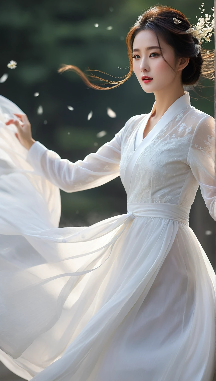 beautiful Korean woman, (((Mikamaria))), (motion blur:1.3), abnormally stunning beautiful face, black and white close-up,woman in intricate pure white hanbok dress, spinning frantically, translucent stinging air particles on the hem of the dress ,Flying in the air like a Chinese movie ,spinning frantically, translucent tingling air particles on dress hem,in ancient china, professional fashion photography,UHD, 4k, 8k