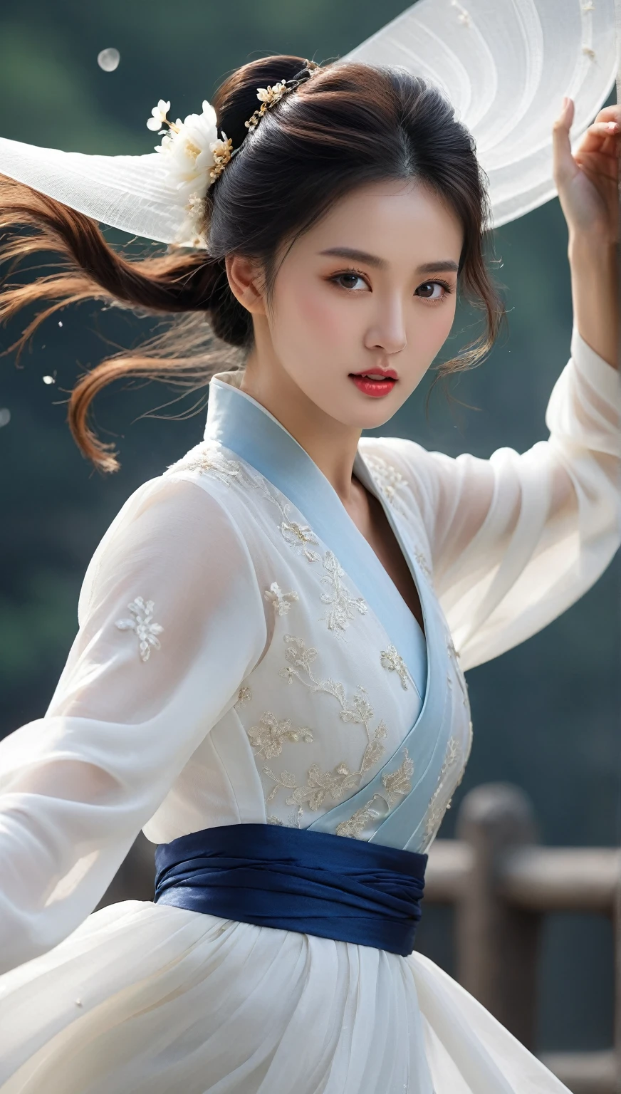 beautiful Korean woman, (((Mikamaria))), (motion blur:1.3), abnormally stunning beautiful face, black and white close-up,woman in intricate pure white hanbok dress, spinning frantically, translucent stinging air particles on the hem of the dress ,Flying in the air like a Chinese movie ,spinning frantically, translucent tingling air particles on dress hem,in ancient china, professional fashion photography,UHD, 4k, 8k
