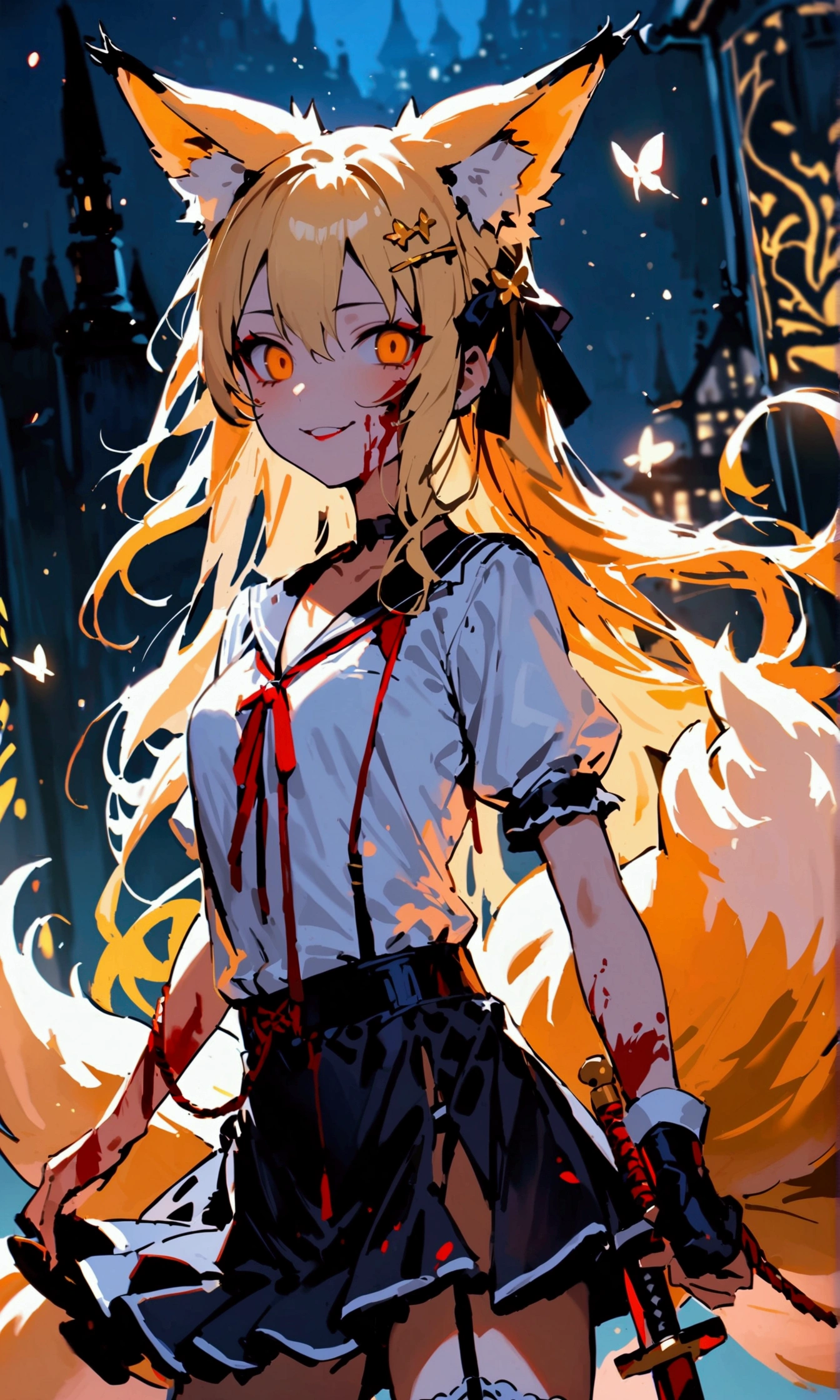 (masterpiece, best quality) junior,1girl,detailed, (beautiful,small breasts), blonde,long hair, side ponytail(tied to the left),Hairpin decoration with gold butterfly, elegant, (fox ears),nine tailed fox tail, red eyeshadow, golden eyes, femur,dark night sky,girl,yandere eyes,bloody face,피묻은 Maid복,Maid,white shirt,Black Skirt,Black stockings,Garter belt stockings,Bloody(blood on fullbody),bloody dagger,ninja rope,holding weapon,holding the hilt of a sword,evil smile