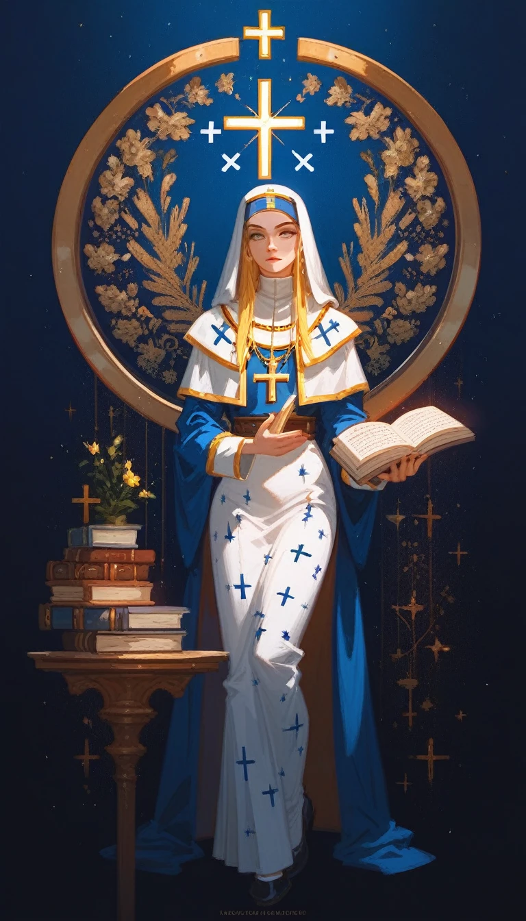 (Fraction_9,Fraction_8_Direction_7_up),1 a woman,（（（bust））），Priest in World of Warcraft，Bible，Black, white and yellow，Book in hand，Long legs，European and American clothing patterns，