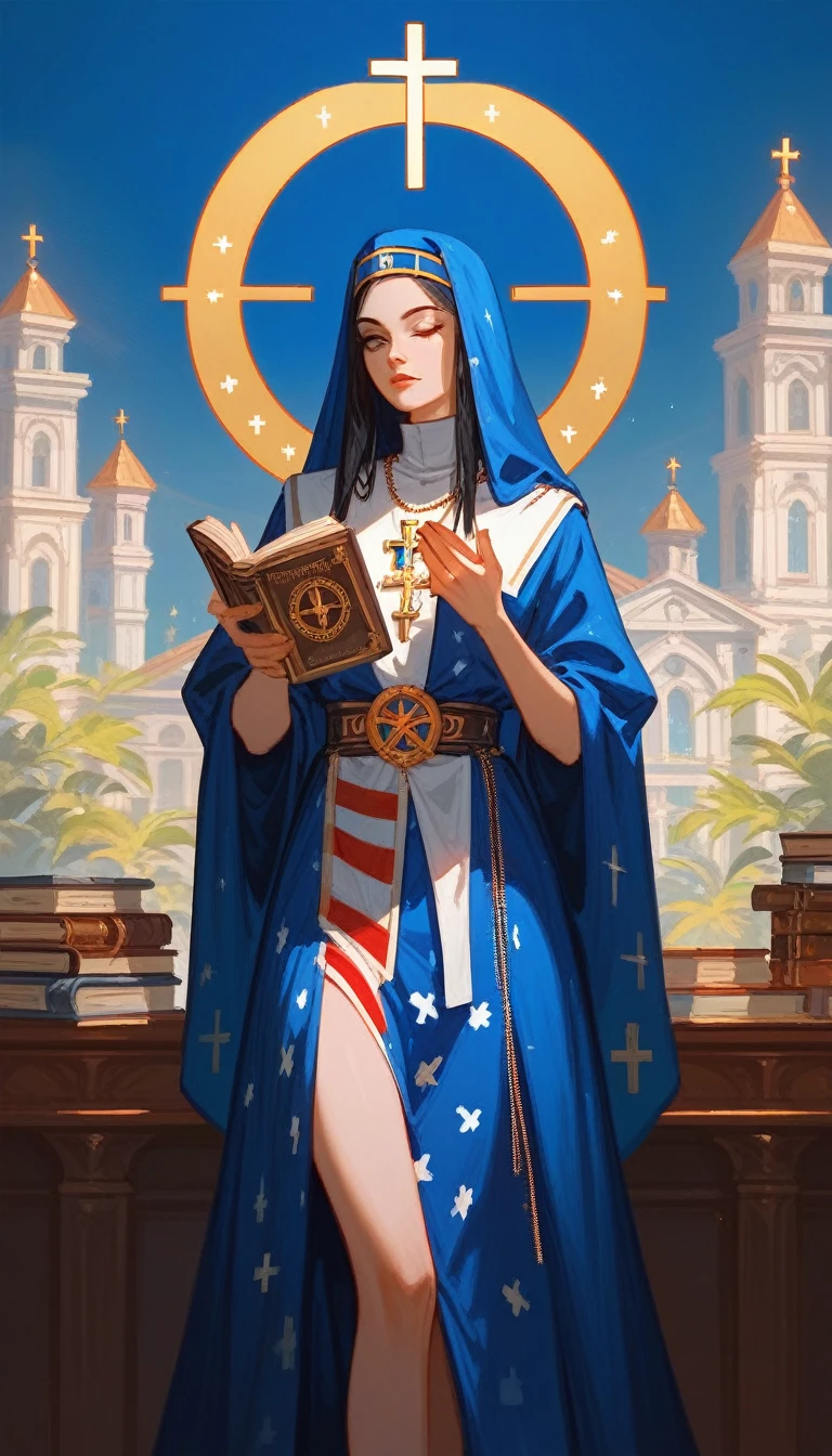 (Fraction_9,Fraction_8_Direction_7_up),1 a woman,(((bust))),Priest in World of Warcraft,Bible,Black, white and yellow,Book in hand,Long legs,European and American clothing patterns,