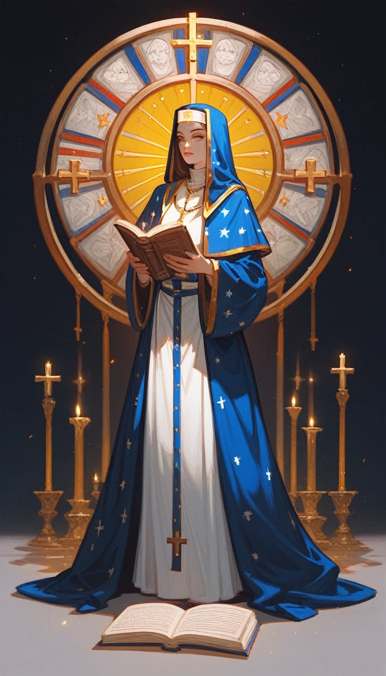 (Fraction_9,Fraction_8_Direction_7_up),1 a woman,(((bust))),Priest in World of Warcraft,Bible,Black, white and yellow,Book in hand,Long legs,European and American clothing patterns,