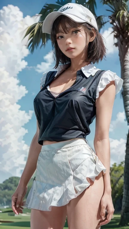 、A smile full of happiness、((Nearly naked:1.3))、Nearly naked、、grass、sweating、standing、(((Long legs、Thighs Thighs Thighs Thighs)))、Sun visor、Medium Hair、Cleavage、One girl,Golf Players,Perfect Face,Crispy breasts, Uneven buttocks,Pastel color sports short sleeve,(((short tight white skirt))),White sports socks,White shoes,Wet body,Swinging a golf club,Golf course,sunny day,cloud, Detailed Background, Clothing Details, Perfect balance, Film Grain, The Colors of Fuji, Light and dark contrast, masterpiece, High detail, high quality, High resolution, Cinema Lighting, 8K, Textured skin, Super detailed