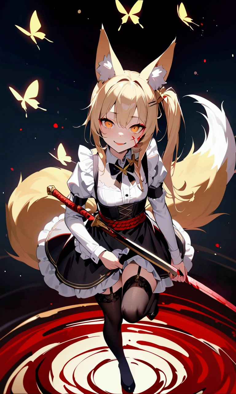 (masterpiece, best quality) junior,1girl,detailed, (beautiful,small breasts), blonde,long hair, side ponytail(tied to the left),Hairpin decoration with gold butterfly, elegant, (fox ears),nine tailed fox tail, red eyeshadow, golden eyes, femur,dark night sky,girl,yandere eyes,bloody face,피묻은 Maid복,Maid,white shirt,Black Skirt,Black stockings,Garter belt stockings,Bloody(blood on fullbody),bloody dagger,ninja rope,holding weapon,holding the hilt of a sword,evil smile