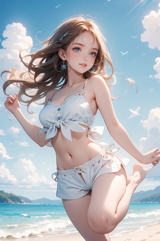 (Highest quality、masterpiece、High resolution、8K)、Vibrant colors、Young and beautiful woman 1、whole body、(Detailed face、Beautiful Eyes、Beautiful nose、Pretty lips)、Black and brown short bob、White tank top and shorts、barefoot、Jump High、Ride along the sandy beach、Surprised Smile、Official Art、The background is the sea、blue sky、Wide sandy beach、Wide forest、White waves and sandy beach、White Entrance Cloud、