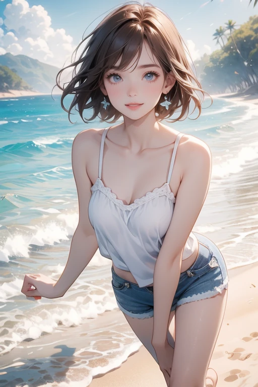 (Highest quality、masterpiece、High resolution、8K)、Vibrant colors、Young and beautiful woman 1、whole body、(Detailed face、Beautiful Eyes、Beautiful nose、Pretty lips)、Black and brown short bob、White tank top and shorts、barefoot、Jump High、Ride along the sandy beach、Surprised Smile、Official Art、The background is the sea、blue sky、Wide sandy beach、Wide forest、White waves and sandy beach、White Entrance Cloud、