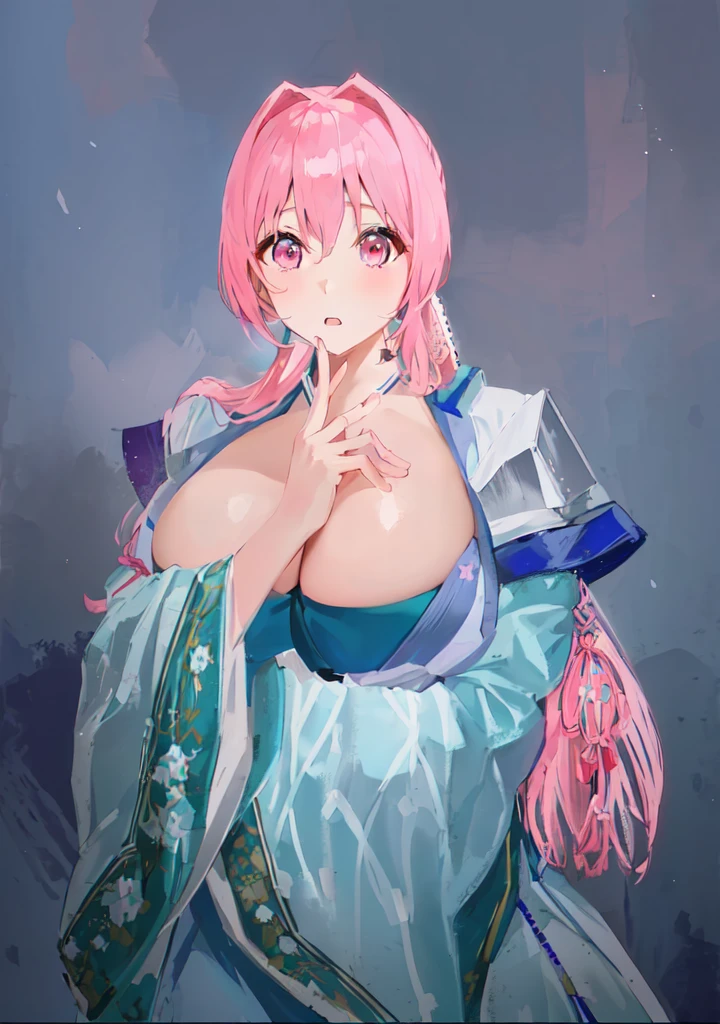 Pink Hair、Anime girl in blue dress poses for photo, Pink ponytail头发和粉色眼眸, Produced in collaboration with Anime Painter Studio, In the anime painter studio, ,  Sonison，超级Sonison，Celluloid，Three Kingdoms，Chinese style，antiquity，Hanfu，，Huge Breasts，Good shape，Pink ponytail，Pink long hair，Costume，包不住的Huge Breasts，Cute girl，Noble