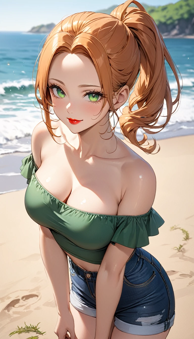 (Highest quality,4K,8K,High resolution,masterpiece:1.2),Super detailed,A 32-year-old woman、(((mature female))), (((milf))), (((tareme))), Best Bust、large breasts, Beautiful Eyes、orange hair、moss green eyes、Red lips, ((pony tail)), (drill hair), ((forehead)), cowboy shot, Very cute face, Glossy Lips, Double eyelids on both eyes,Natural smile、 Natural Makeup, Long eyelashes, Shiny and smooth hair、Center image, Perfect limbs, Perfect Anatomy、off-shoulder-tops, short pants、Strolling on the sandy beach、blue sea、Shallow depth of field