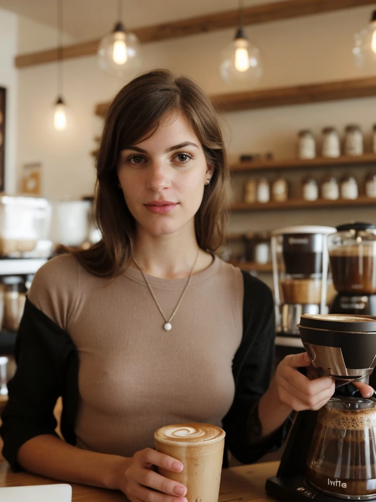 a selfie photo of a woman in a coffee shop using a phone from 2010, (((infinite focus)))