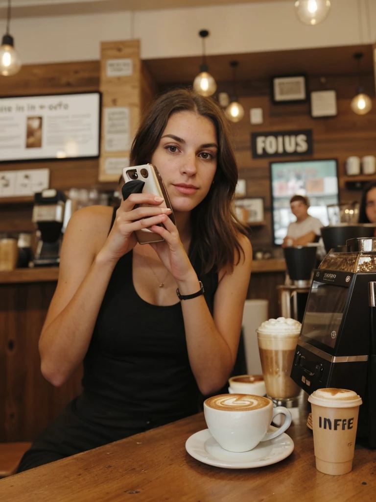 a selfie photo of a woman in a coffee shop using a phone from 2010, (((infinite focus)))
