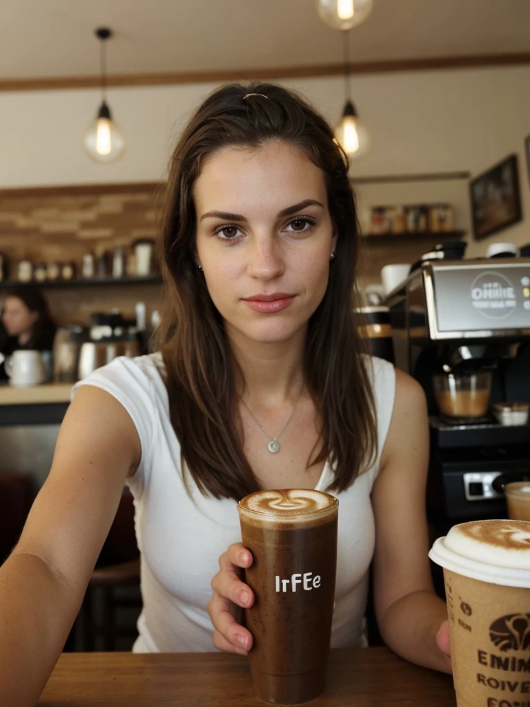 a selfie photo of a woman in a coffee shop using a phone from 2010, (((infinite focus)))