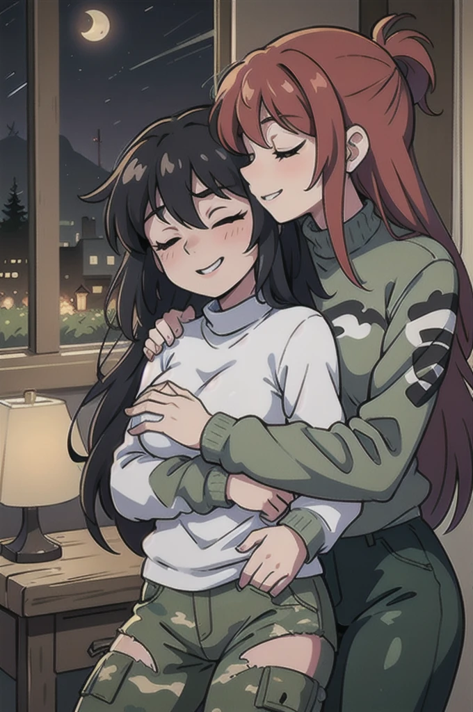 (best quality), long-haired lesbian girls with closed eyes, evil smile in camouflage sweaters and camouflage pants, hugging and kissing, night, dark side, lesbian life, passionate love