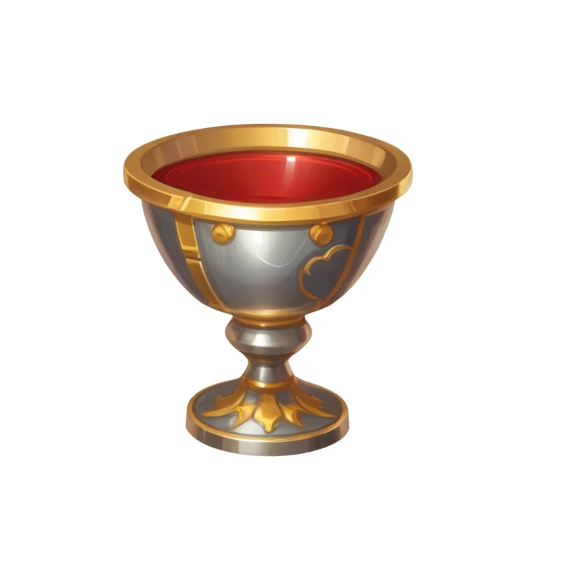 There is a silver and gold cup,There is a red liquid inside,hero prop, Game Icon,Hand-drawn