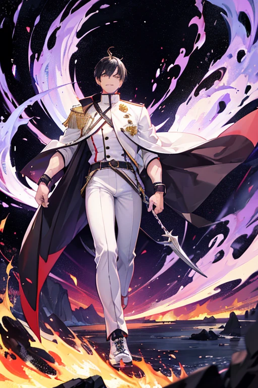 Muscular man, alone, White Windbreaker, White trousers, Gray Hair, Black Hair, Japanese-looking man, Dragon Horn, Purple military boots, Wicked Smile, Dark brown eyes, Fantastic landscape, Walking in the flames of darkness.