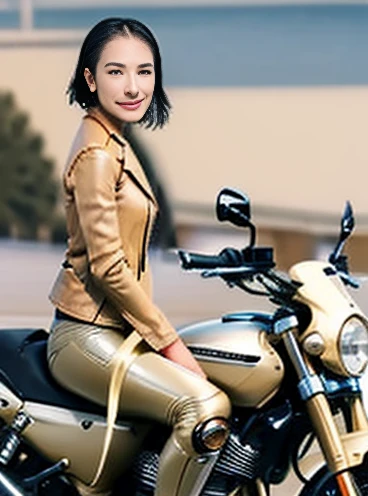 ((best quality)), ((masterpiece)), ((perfect face))、((detailed motorcycle))、Detailed and clear photos、((riding a motorcycle))、slender body、long legs、full body shot、smile、(((Beige long sleeve riding jacket and leather pants)))、(short hair)