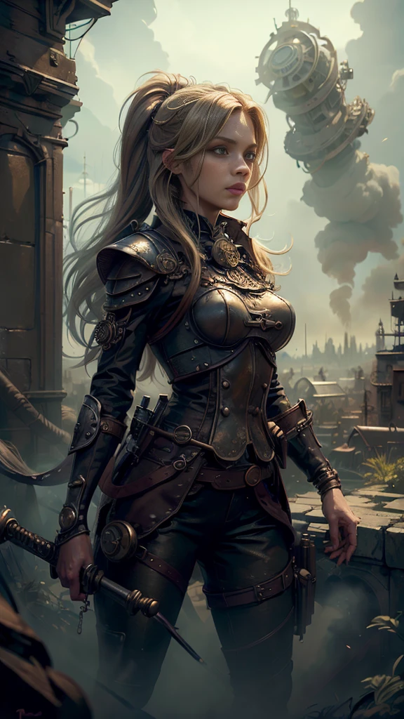 ((best quality)), ((masterpiece)), (detailed), 1 girl, whole body,Standing,Girl,Long blond hair,Green Eyes,Wearing grey steampunk armor,Holding a long sword,Background is the ruins of the city。