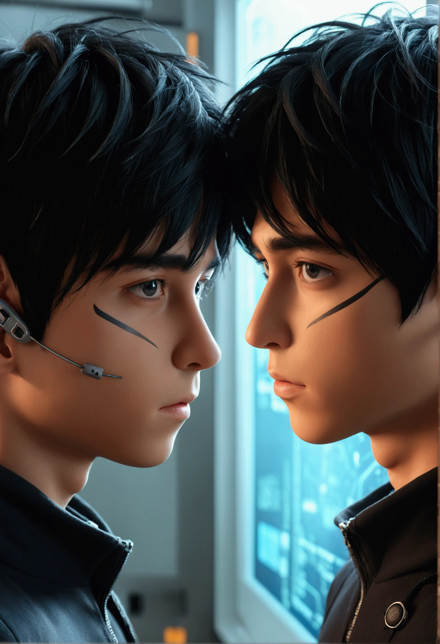 3d, 2 boy twins, perfect body, very handsome, 8k, dynamic selfie pose, high quality, very detailed, Black Hair, Black Eyes, Facing Camera, the computer background, wear thief outfit, close up