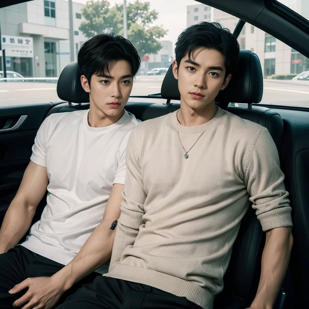 Highest quality, photo arafed man sitting in a car ((BMB)) with his hands on his lap, siwoo kim, handsome chad chin, handsome man, hyung tae, photoshoot, handsome and attractive, handsome, ryan jia, handsome and elegant, wearing a sweater, a very handsome male, as if a man's hair shower gel advertisement photos, award awinning photograph.