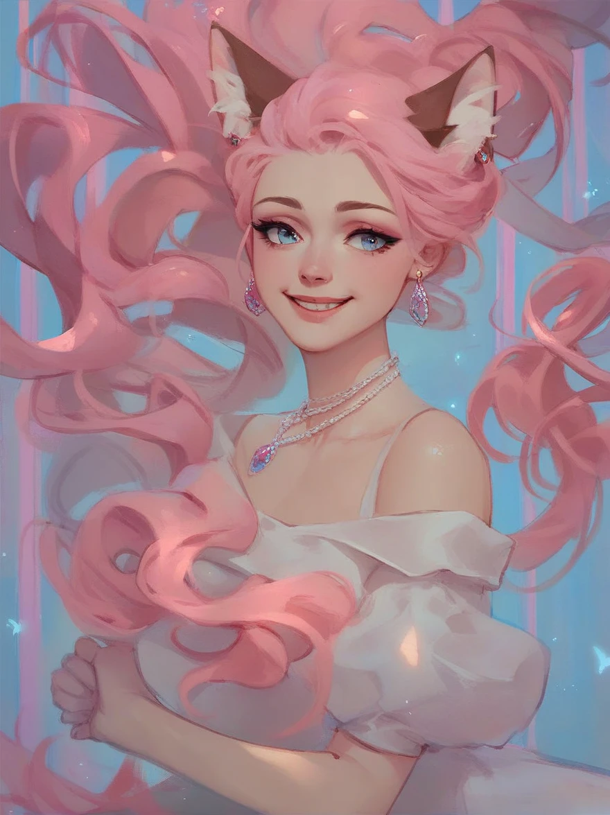 Cat ear、Pink Hair、smile,Smooth Hair, Long Earrings, oversized sapphire necklace,Elsa&#39;s White Dress ,上per body,Straight long hair, Warm Light,上per body, Incredibly absurd,Super detailed, wallpaper,Realistic,photoRealistic,RAW Photos,masterpiece,Highest quality, Elsa&#39;s White Dress