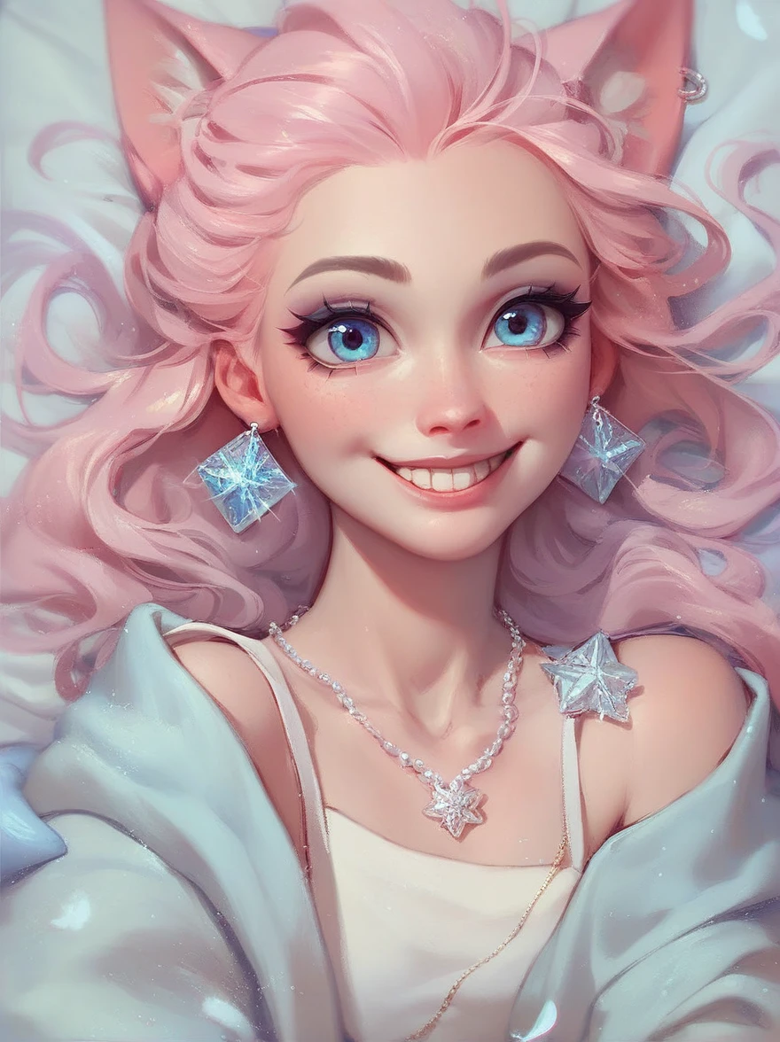 Cat ear、Pink Hair、smile,Smooth Hair, Long Earrings, oversized sapphire necklace,Elsa&#39;s White Dress ,上per body,Straight long hair, Warm Light,上per body, Incredibly absurd,Super detailed, wallpaper,Realistic,photoRealistic,RAW Photos,masterpiece,Highest quality, Elsa&#39;s White Dress