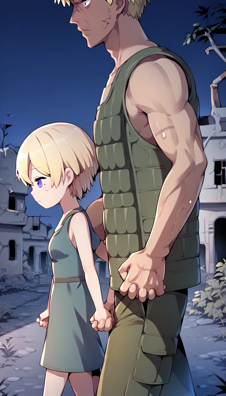 score_9, score_8_up, score_7_up, source_anime BREAK 
1girl, 14yo, _young, from side, small breasts, (girl dirty grey casual dress, holding hand in another's hand, blonde short hair, grey eyes, sad face), (town ruins:1.5), outdoors, walking, ((size difference:1.5)), (male calm face out of frame, (male cargo vest, pants)), ((night scene background:1.5))