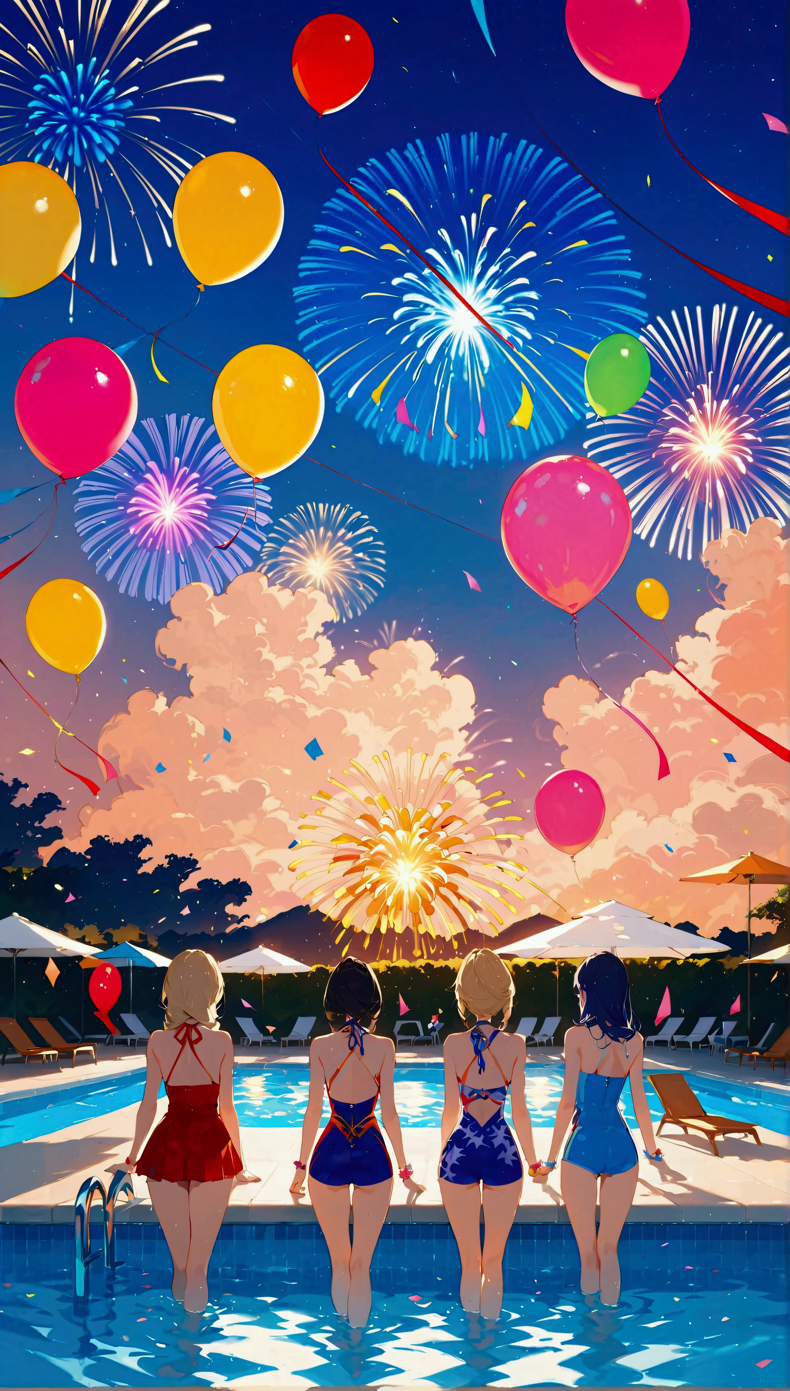  score_9, score_8_up, score_7_up, score_6_up, masterpiece, top quality, best quality, official art, beautiful and aesthetic, anime_source, centered, cinematic scene,Group of woman swimming in a pool, multi ethnics, diverse, pool party, balloons and confetti, cakes everywhere, vibrant colors, night, fireworks, epic composition, epic proportion, 8K, Expressiveh 