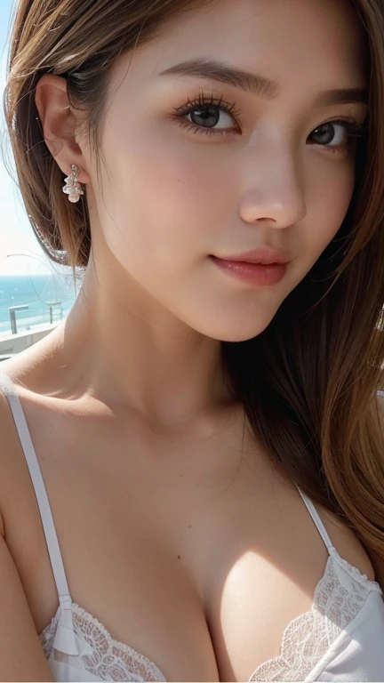 Strong light, Strong contrast, In a room of super luxuary hotel、Sunlight shines, And open( Ocean View:1.1) end, Cel-shaded rendering, 8K, 360 degrees, Equirectangular projection, what, One Girl, 30-year-old woman、Beautiful woman、Long Blonde Hair、White Lingerie、masterpiece, 最high quality, high quality, High resolution, (((Upper body close-up)))、、Cleavage, smile