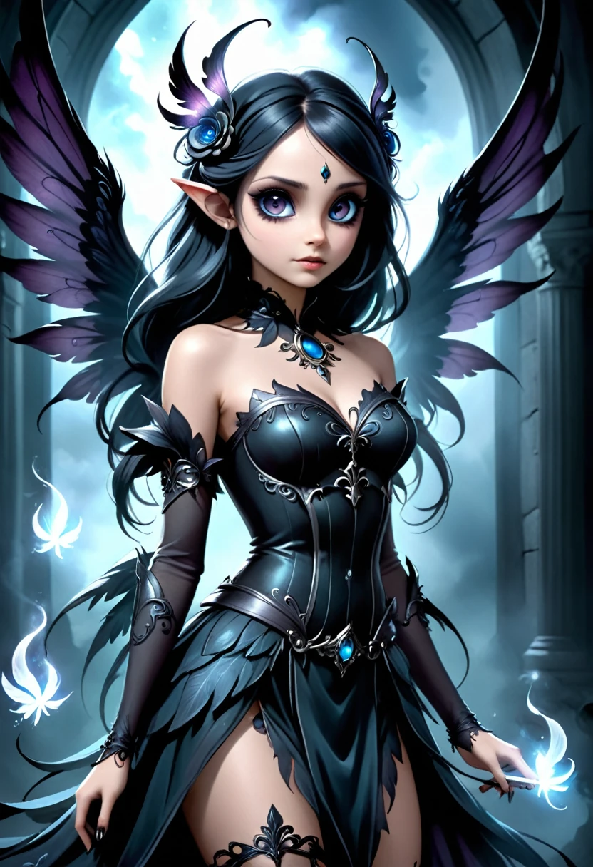 A beautiful ethereal cute dak fairy, gothic aethestics, smoke effects, dark long hairr, deep dark fairy wings, reptilian skin, cosmic eyes. The scene is rich with dark fantasy elements, Captured in a dramatic and cinematic style, in dinamic composition, the image blends video game art illustration with movie picture influences.