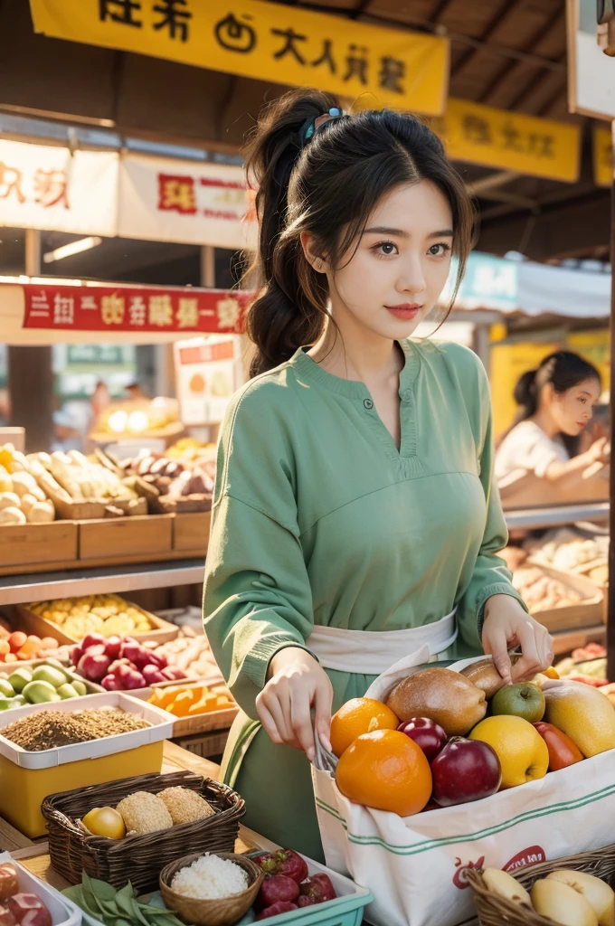 (((best quality))),(((ultra detailed))),(((masterpiece))),illustration," 1girl, ponytail, kitchen apron, shopping, market, meat, bustling, people, sea, early morning, sunrise, bright eyes, flushed face, lively appearance, energetic, vendors, calls, wares, plastic sheets, spices, haggling, examining, cuts, beef, stall, butcher paper, scale, kaleidoscope, colors, sounds, fruits, vegetables, animated, talking, joking, background, food stall, breakfast rolls, vendor, steaming, fresh bread, butter, early hour, energy, chatting, vibrant, chaotic, community.