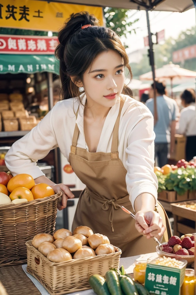 (((best quality))),(((ultra detailed))),(((masterpiece))),illustration," 1girl, ponytail, kitchen apron, shopping, market, meat, bustling, people, sea, early morning, sunrise, bright eyes, flushed face, lively appearance, energetic, vendors, calls, wares, plastic sheets, spices, haggling, examining, cuts, beef, stall, butcher paper, scale, kaleidoscope, colors, sounds, fruits, vegetables, animated, talking, joking, background, food stall, breakfast rolls, vendor, steaming, fresh bread, butter, early hour, energy, chatting, vibrant, chaotic, community.