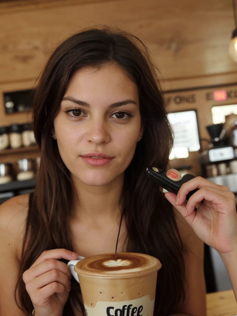 a selfie photo of a woman in a coffee shop using a phone from 2010, (((infinite focus)))