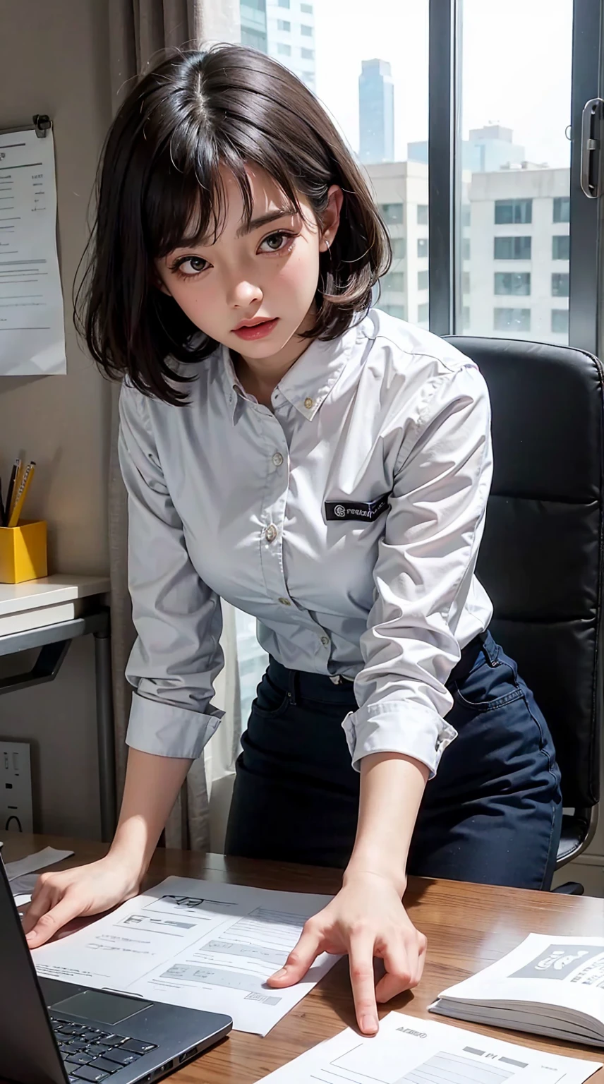 This illustration is、It depicts a beautiful woman working in an office in a high rise building.,Short black hair、 The moment she got tired of the situation. She is working on a laptop、monitorに向かっている. His eyes are shining. There are piles of papers in the room., office desk and chair, monitor, wait. 
