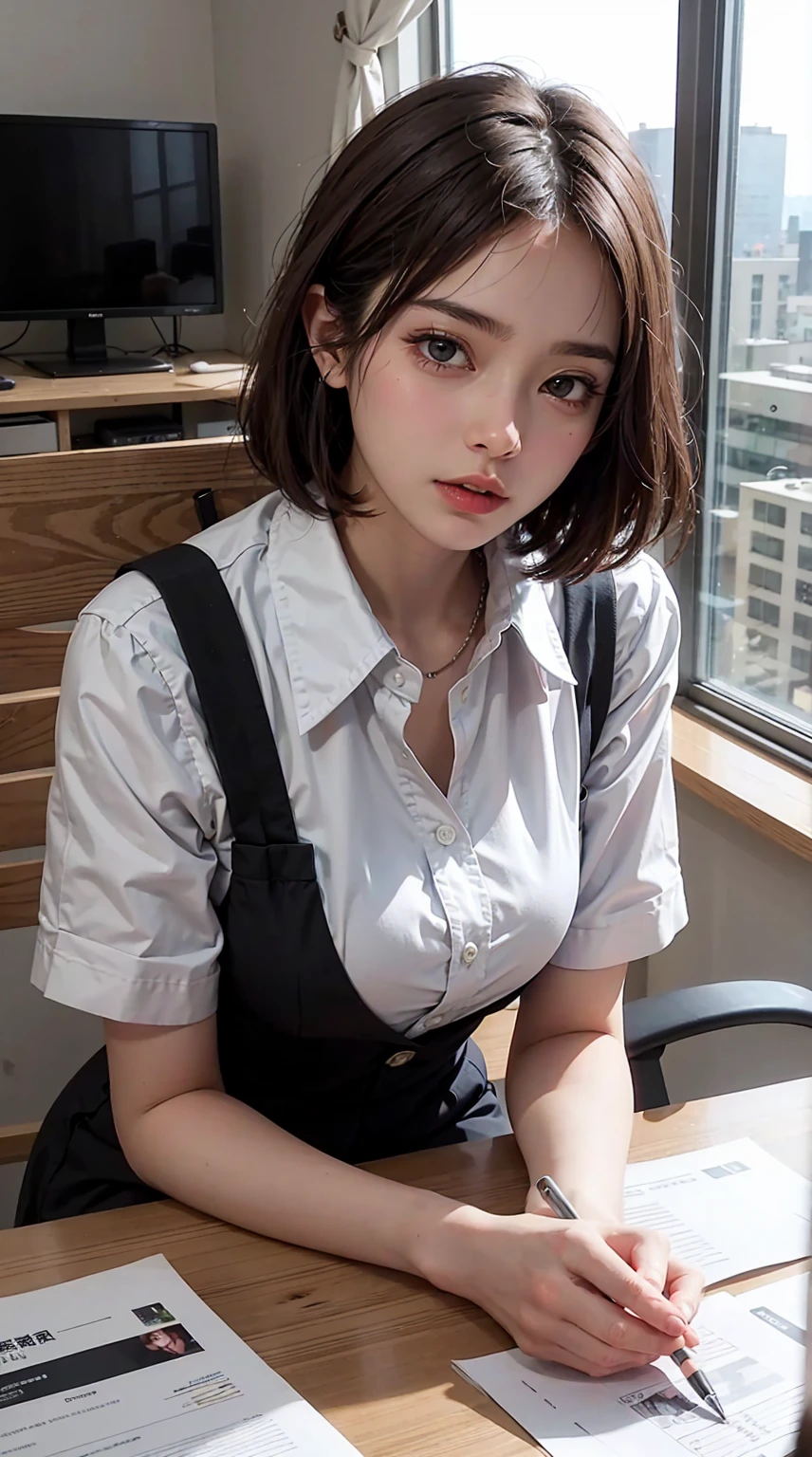 This illustration is、It depicts a beautiful woman working in an office in a high rise building.,Short black hair、 The moment she got tired of the situation. She is working on a laptop、monitorに向かっている. His eyes are shining. There are piles of papers in the room., office desk and chair, monitor, wait.