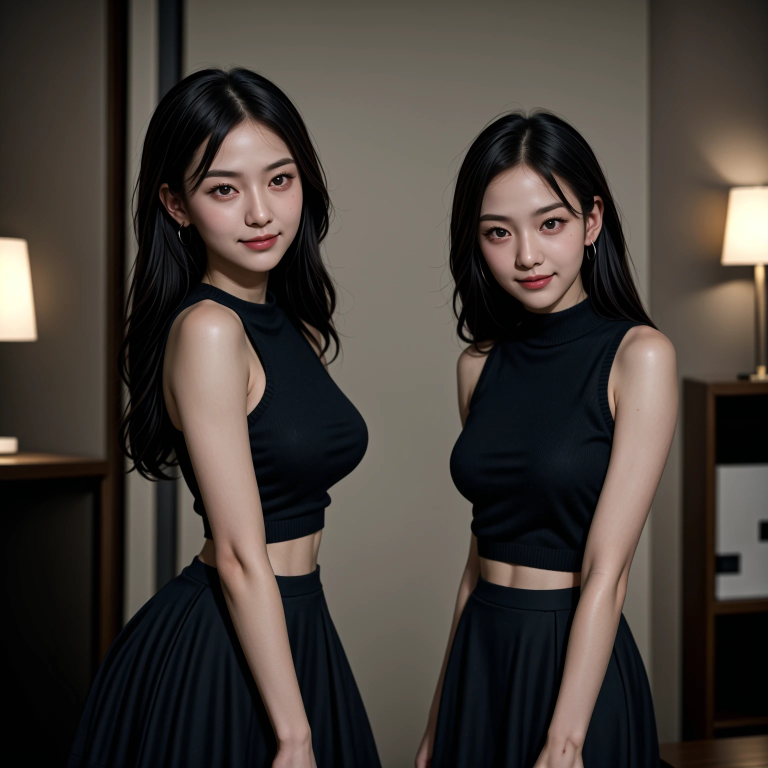 ulzzang -6500-v1.1, (Raw photo:1.2), (Photorealsitic), 1girl, solo girl,Beautiful detailed, (Real: 1.4), ighly detailedな目と顔, beatiful detailed eyes, Standing in the office、(Sleeveless High Neck Sweater、flered skirt:1.2)、(Ultra-realistic pantyhose、high-heels)、Standing cross-legged、huge filesize, hight resolution, ighly detailed, top-quality, [​masterpiece:1.6], illustratio, ighly detailed, nffsw, finely detail, top-quality, 8k wallpaper, Cinematographic lighting, 1 milf, 30yeas old, perfect body type, cute droopy eyes beautiful big eyes、Pieckfinger, ((masutepiece)), Best Quality, 1 milf, eye shadow, Portrait, ((FULL BODYSHOT:1.4))、(Very affectionate smile:1.2)、