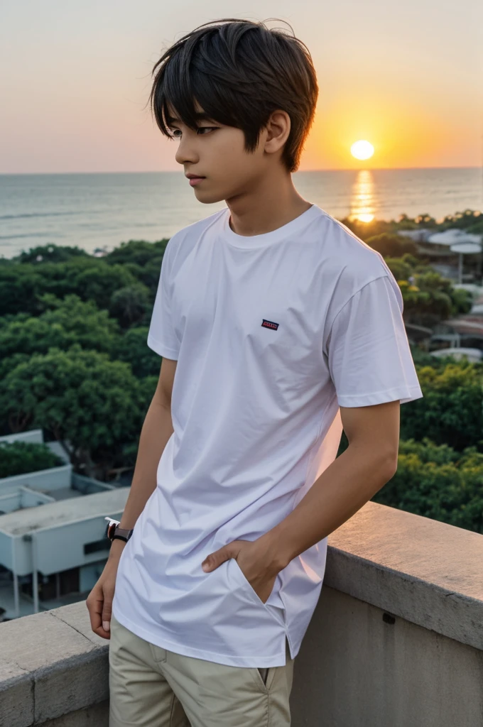 Anime boy looking at the sunset, wearing white t shirt brand name zeenium