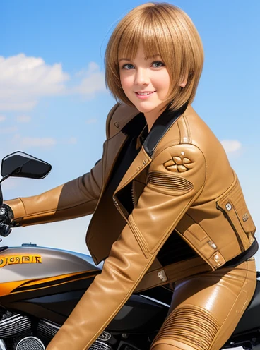 ((best quality)), ((masterpiece)), ((perfect face))、((detailed motorcycle))、Detailed and clear photos、((riding a motorcycle))、slender body、long legs、full body shot、smile、(((Beige long sleeve riding jacket and leather pants)))、(short hair)