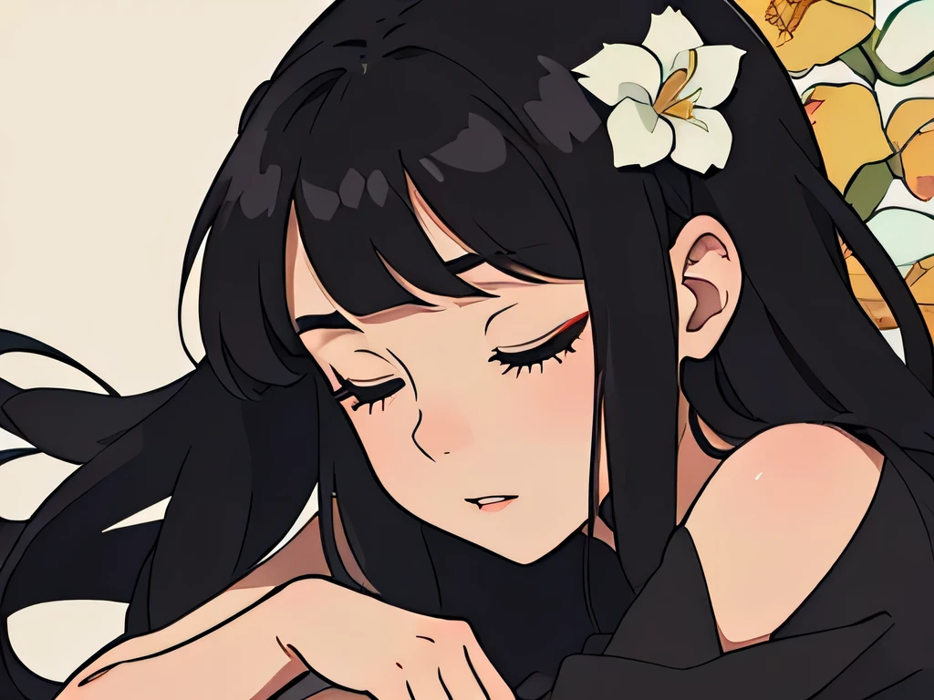perfect anime illustration closeup portrait of a girl having long black hair with bangs, wearing a dress, erotic, posing for a picture, professional pose, artistic, eyes closed, smelling a flower