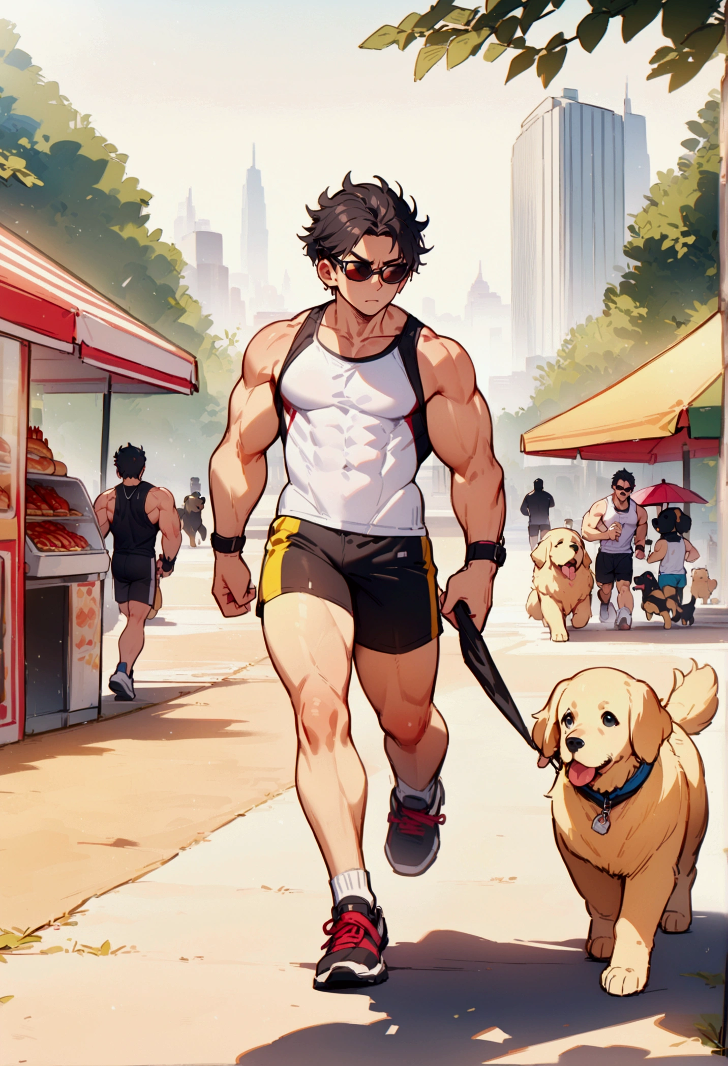 best quality, masterpiece, 8K, HD, young muscular man, wearing sports tank top and tiny shorts, wearing stylish sunglasses, jogging while walking two puppies on leashes; a black dog and a golden retriever in front of him, in a park, a hotdog stand with umbrella on the side, metropolitan city in the background, full body, vibrant colors, highly detailed