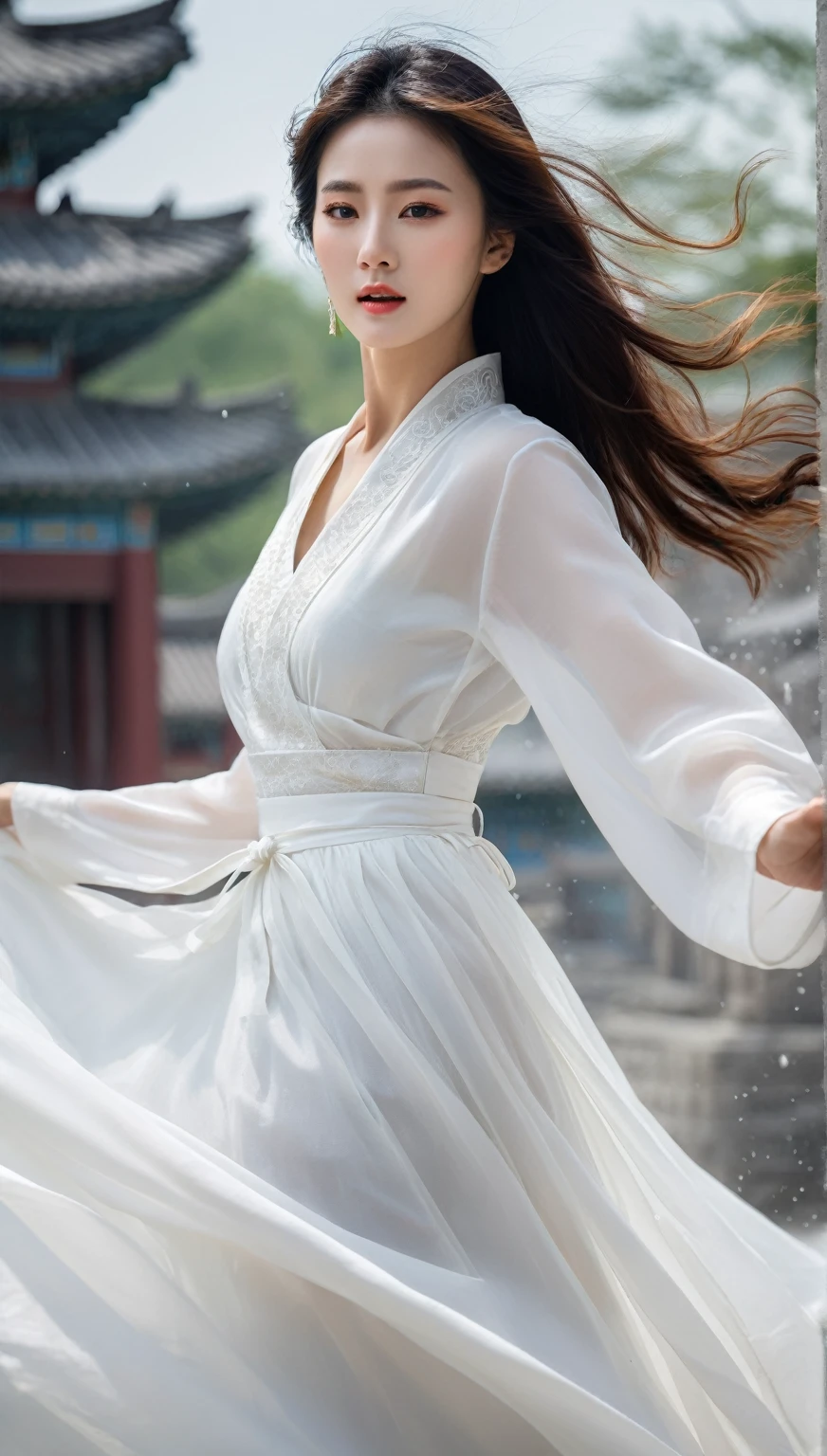 beautiful Korean woman, (((Mikamaria))), (motion blur:1.3), abnormally stunning beautiful face, black and white close-up,woman in intricate pure white hanbok dress, spinning frantically, translucent stinging air particles on the hem of the dress ,Flying in the air like a Chinese movie ,spinning frantically, translucent tingling air particles on dress hem,in ancient china, professional fashion photography,UHD, 4k, 8k