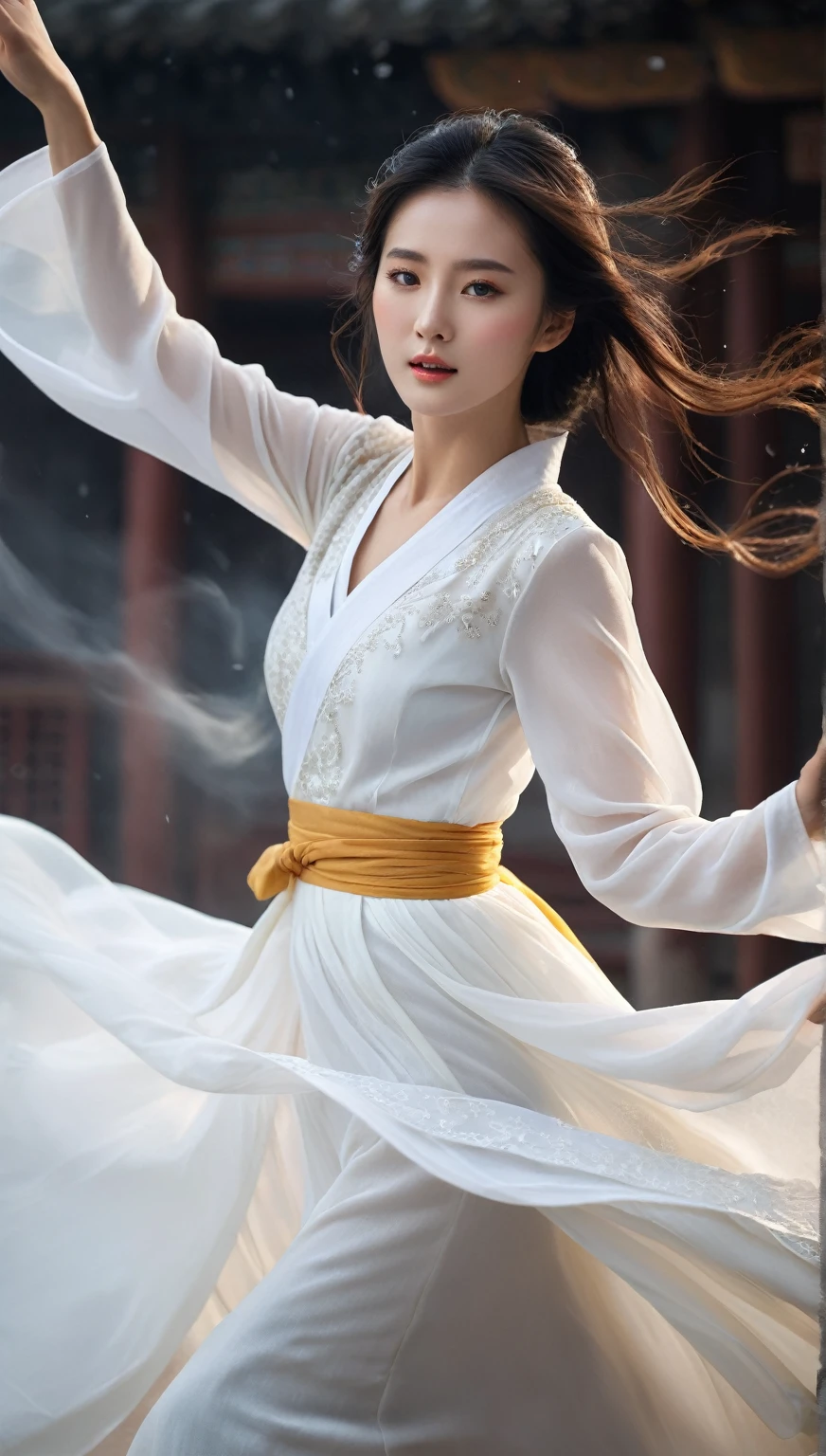 beautiful Korean woman, (((Mikamaria))), (motion blur:1.3), abnormally stunning beautiful face, black and white close-up,woman in intricate pure white hanbok dress, spinning frantically, translucent stinging air particles on the hem of the dress ,Flying in the air like a Chinese movie ,spinning frantically, translucent tingling air particles on dress hem,in ancient china, professional fashion photography,UHD, 4k, 8k