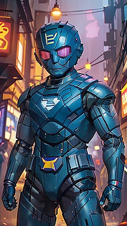 best quality,masterpiece,1boy,solo,(((13years old))),japanese boy,an extremely cute and handsome boy,highly detailed handsome face and eyes,petit,cute face,lovely face,baby face,shy smile,show teeth, Blonde hair,short hair,flat chest,skinny,slender,(((wearing robot keiji costume, blue superhero helmet,black hero mask style))),(((standing in Dark Midnight Neon Glow light Cyberpunk Metropolis city))),he is looking at the viewer,
