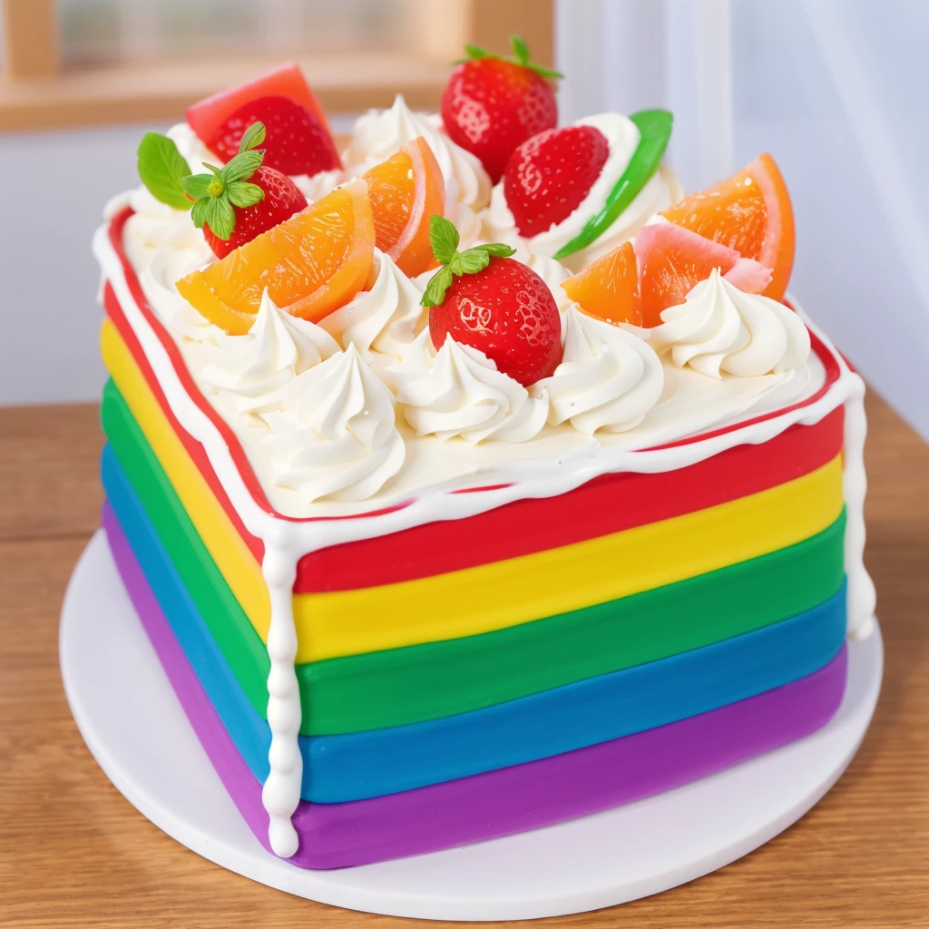 on a wooden table, on a porcelain plate, a tiny cream rainbow cake, with cream lines drawn on its edges, white cream swirls, tiny strawberries, oranges and watermelon slices made of polymer clay on the cake, window light, bright lights, soft light, window light, professional lighting, light from the window, neat light, realistic texture, realistic style, detailed texture, high quality, high resolution, high quality rendering, realistic photo, brightning light, macro photo
