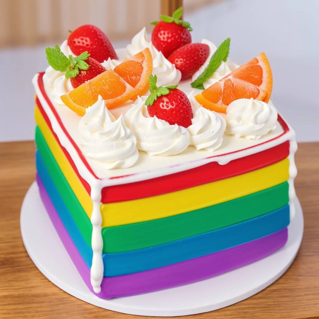 on a wooden table, on a porcelain plate, a tiny cream rainbow cake, with cream lines drawn on its edges, white cream swirls, tiny strawberries, oranges and watermelon slices made of polymer clay on the cake, window light, bright lights, soft light, window light, professional lighting, light from the window, neat light, realistic texture, realistic style, detailed texture, high quality, high resolution, high quality rendering, realistic photo, brightning light, macro photo